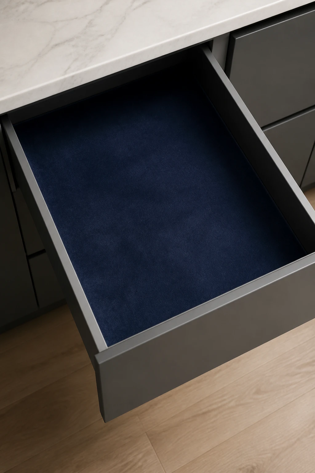 Single IKEA kitchen drawer with luxury velvet liner