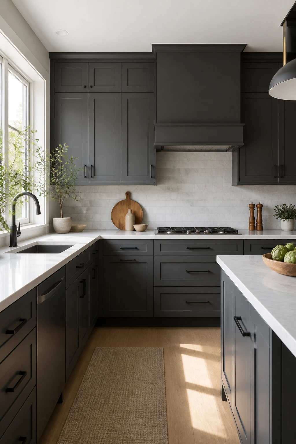 Modern charcoal gray kitchen cabinets in natural light