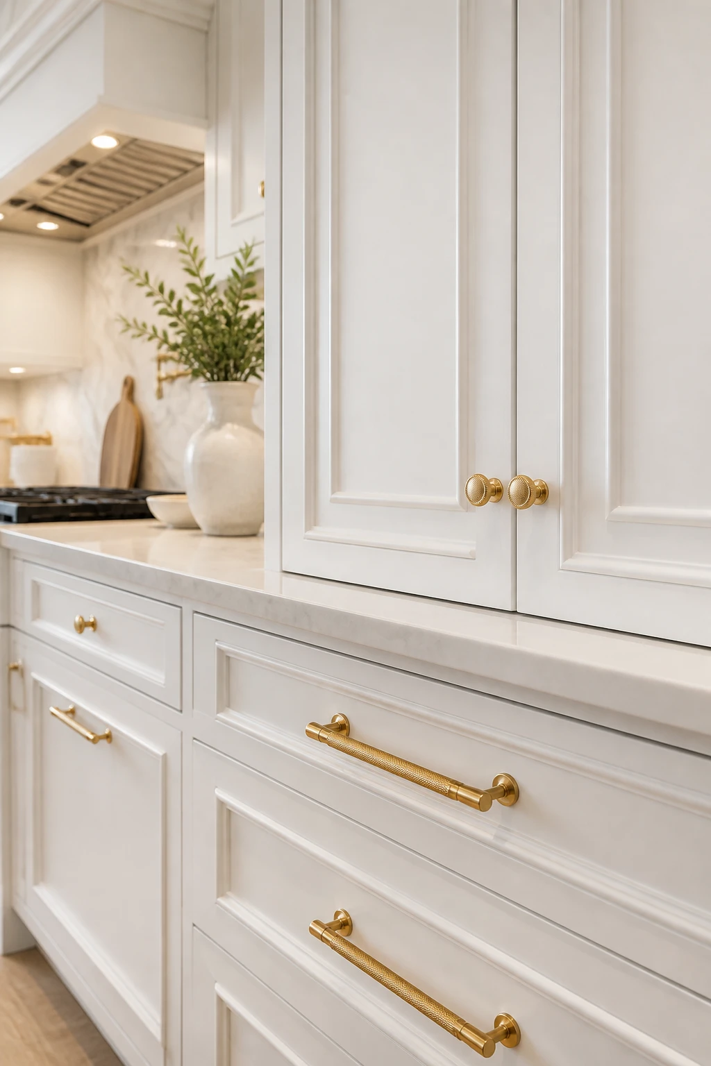White luxury kitchen cabinet with brass hardware detail