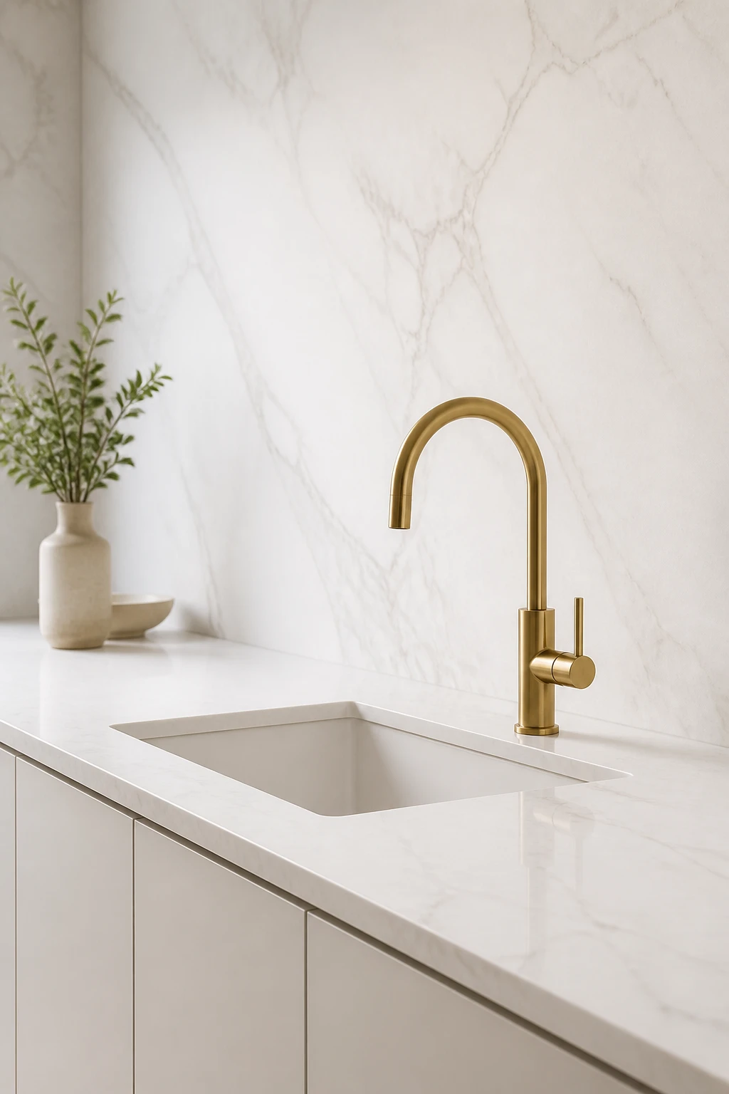 Minimal white marble kitchen countertop with single brass faucet