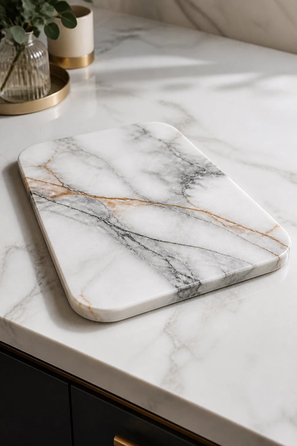 Single marble cutting board on clean luxury counter
