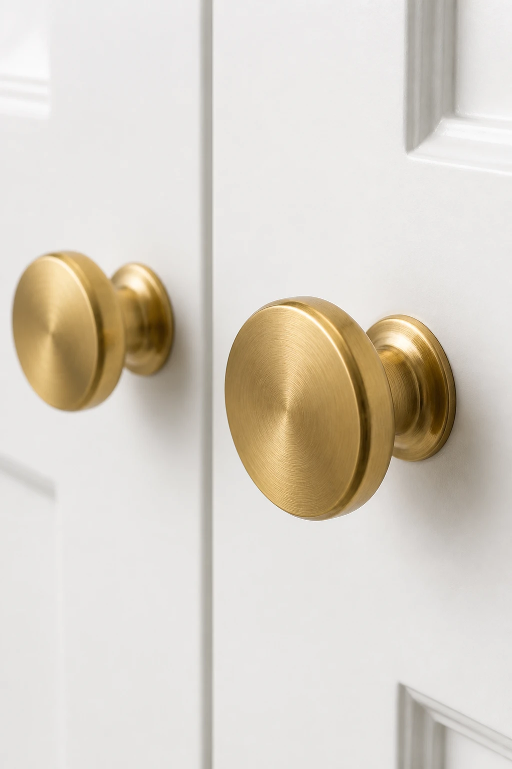 Closeup of brushed brass cabinet hardware on white door