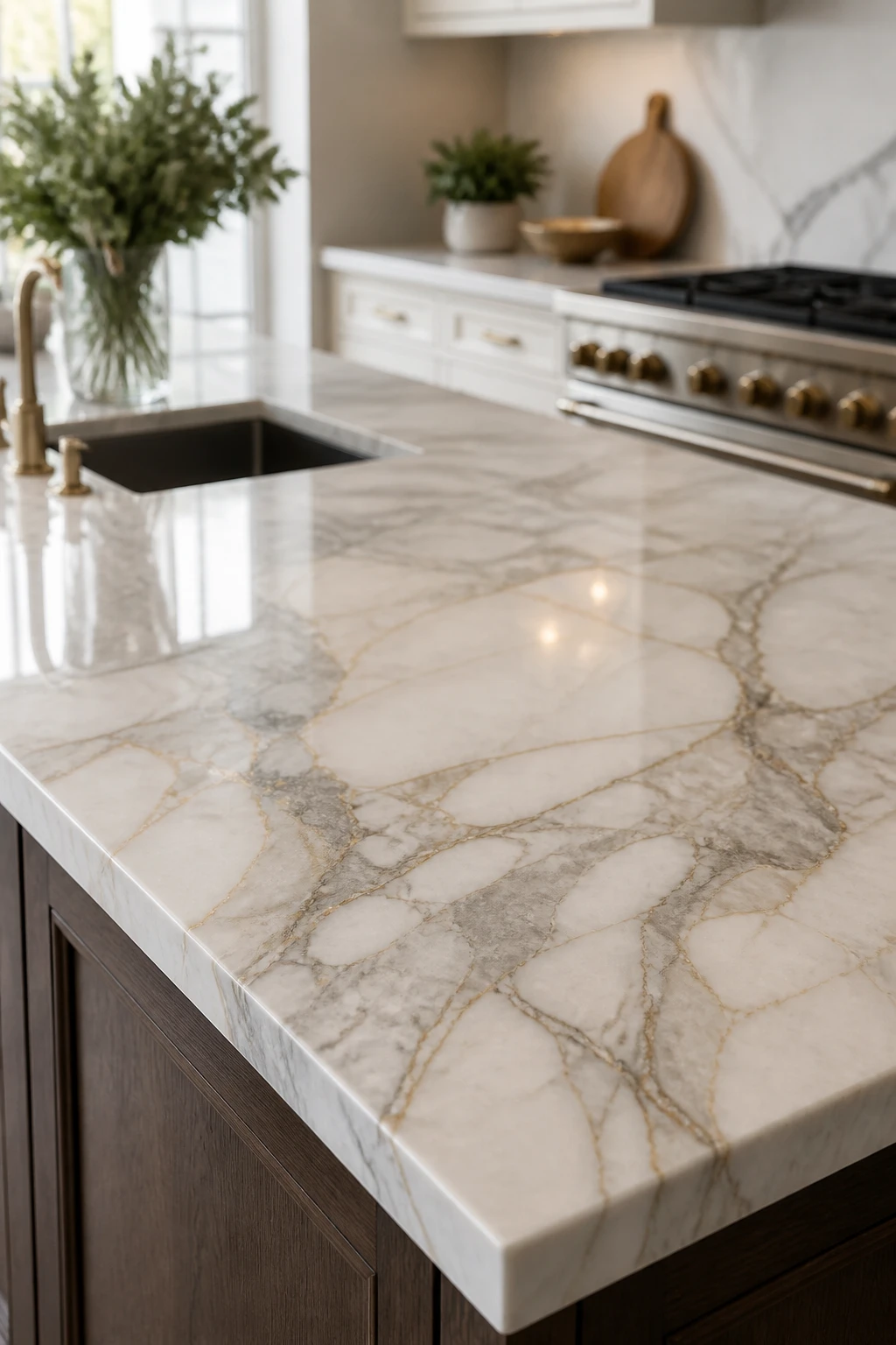 Polished marble kitchen countertop with natural veining detail