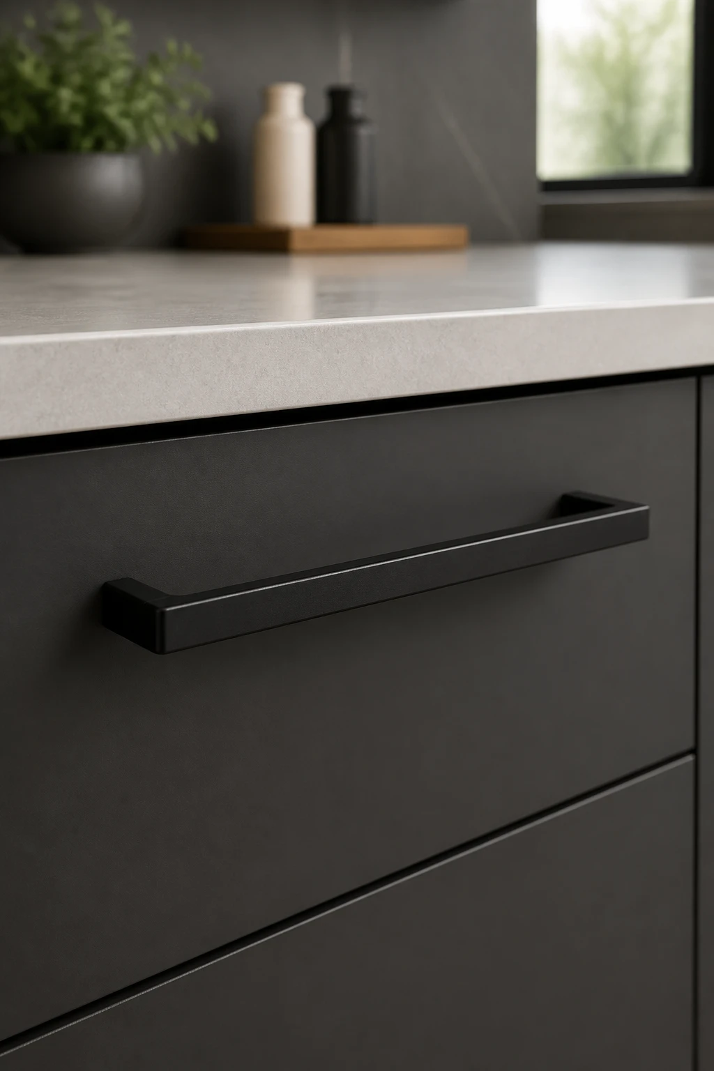 Matte black cabinet pull on modern kitchen drawer