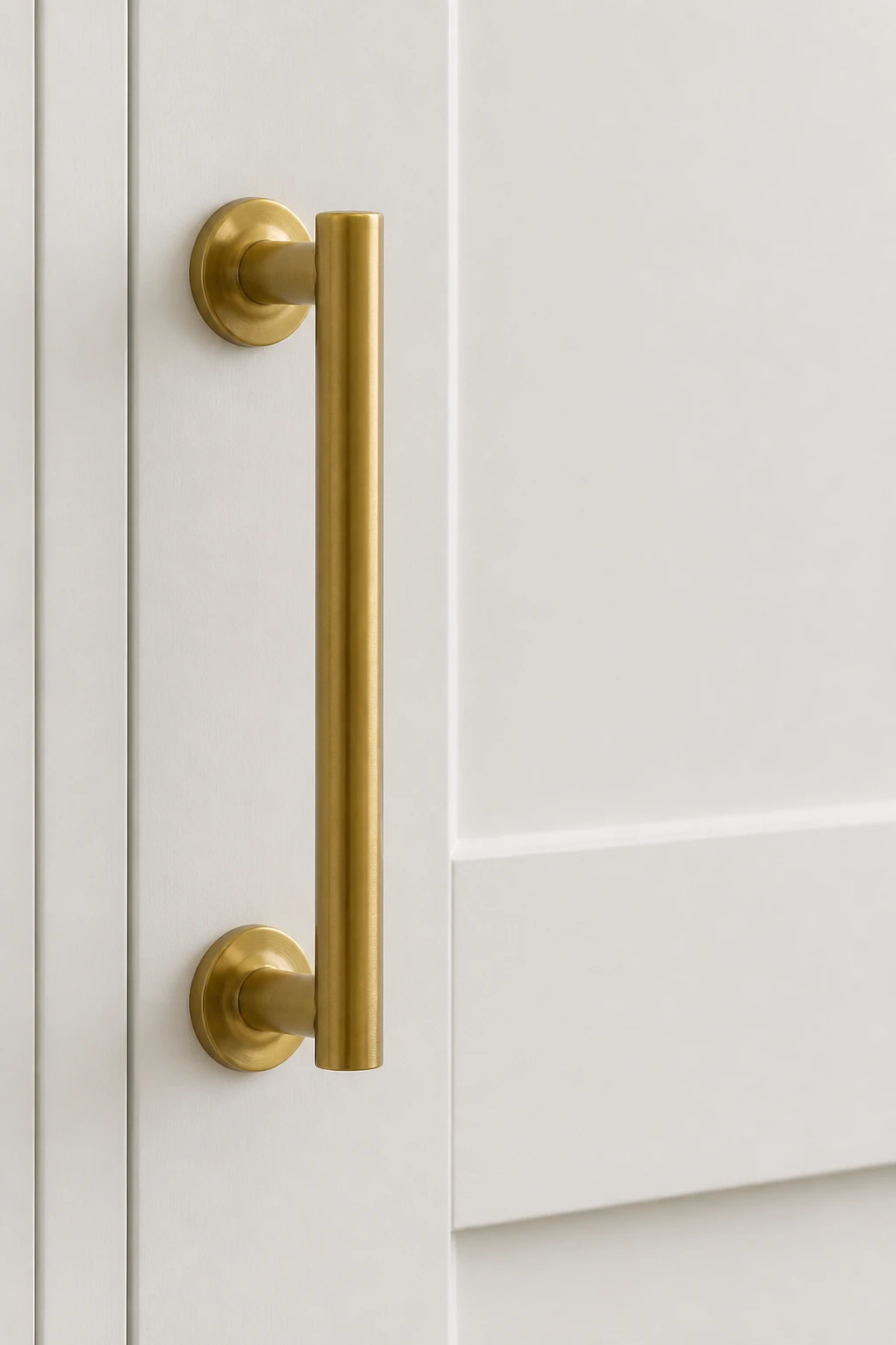 Closeup of brass cabinet hardware on white shaker door