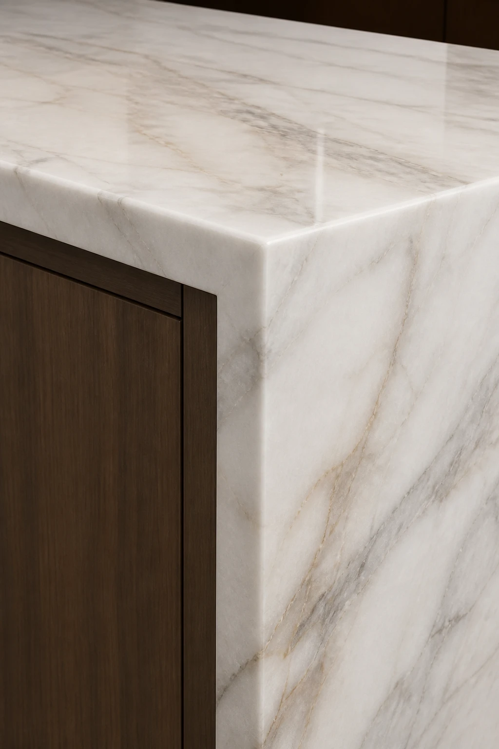 Marble countertop edge detail with waterfall side panel