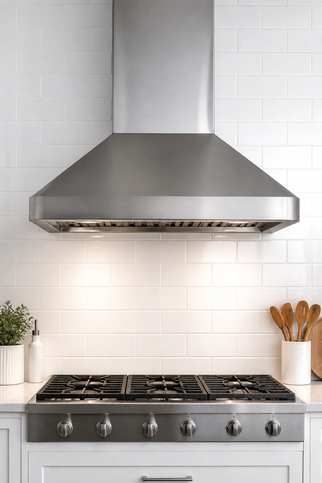 Professional stainless steel range hood against white backsplash